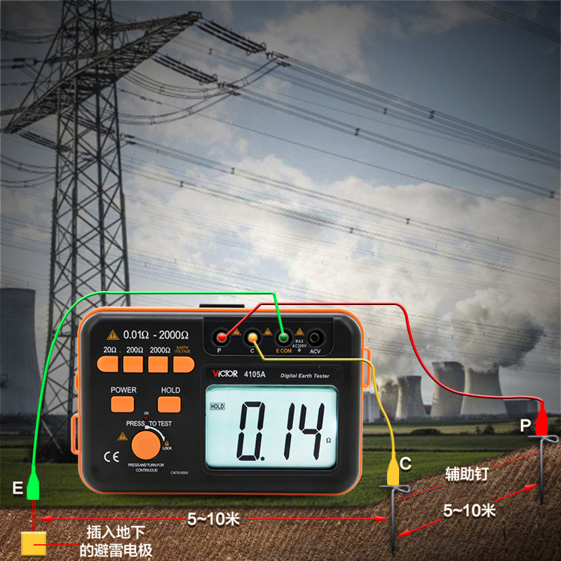 胜利接地电阻测试仪VC410高精度数字摇表防雷土壤率元件测量仪