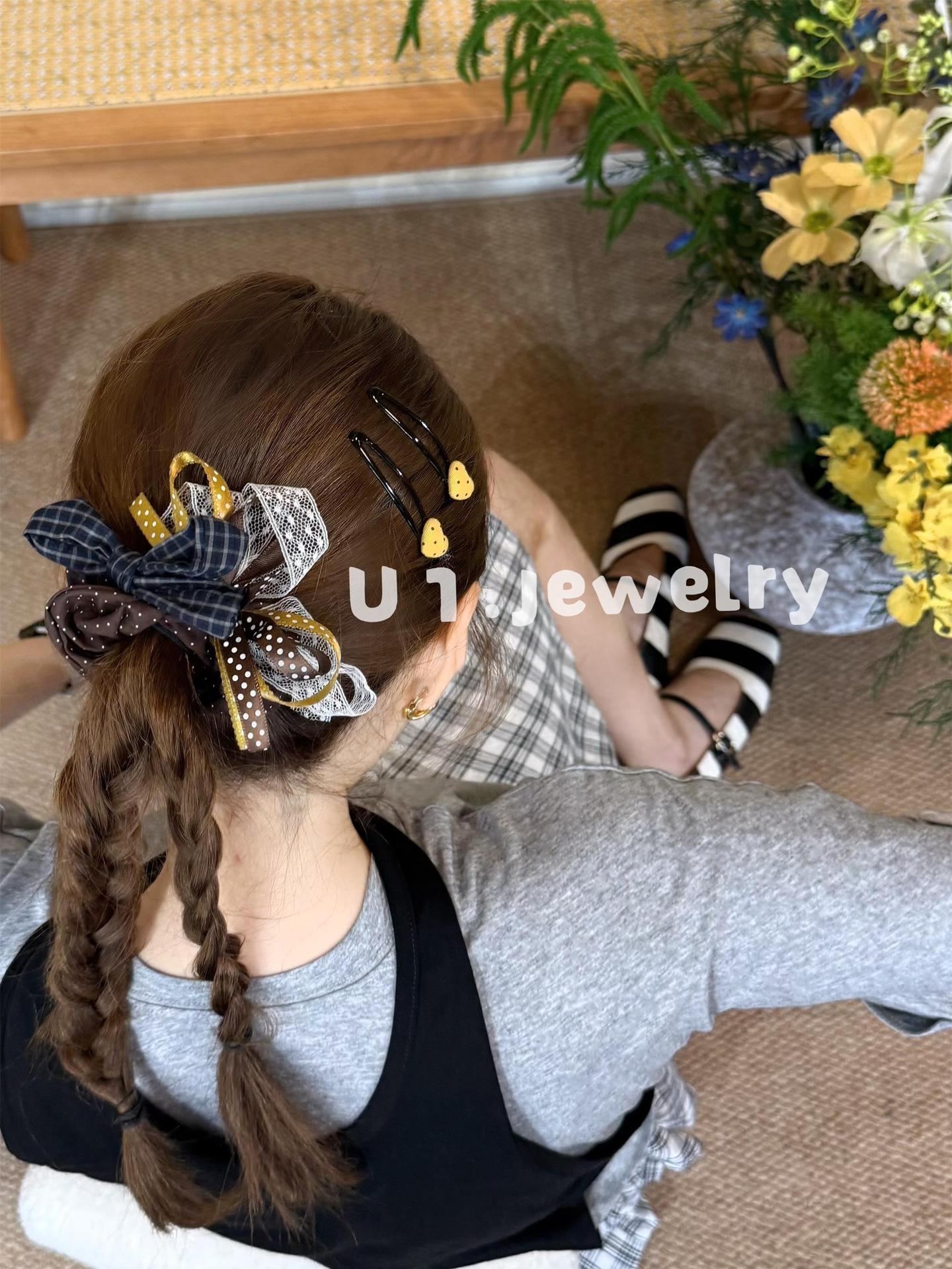 Youyijia stylish and unique double-layer bow hair tie, colorful polka dot plaid, girl's ponytail hair accessory