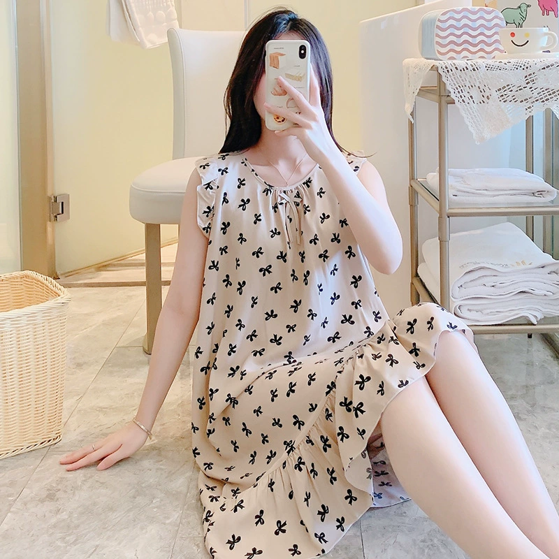 Новая летняя хлопковая шелковая ночная рубашка женская сладкая домашняя одежда без рукавов тонкая красная ночная юбка искусственный хлопок можно носить на улице