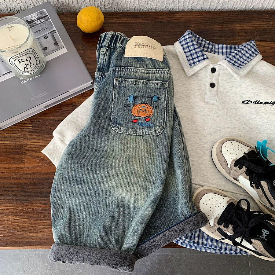 Детские флисовые зимние тёплые джинсы для мужчин и женщин, мягкие модные брюки для отдыха, оверсайз, увеличенная толщина