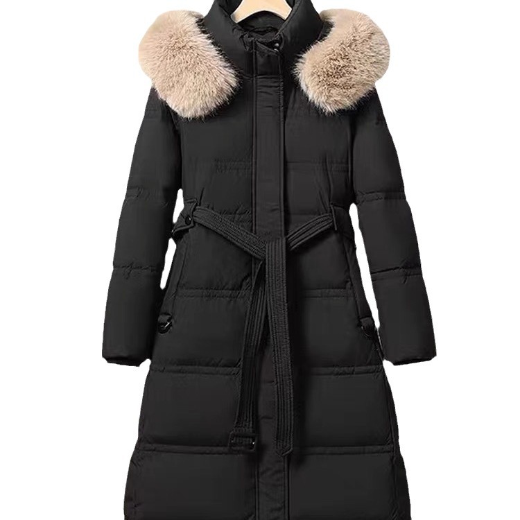 2025 新しい膝上ウエストスリムホワイトダックダウン肥厚冬コート韓国スタイルビッグファー襟ロングダウンジャケット女性のための