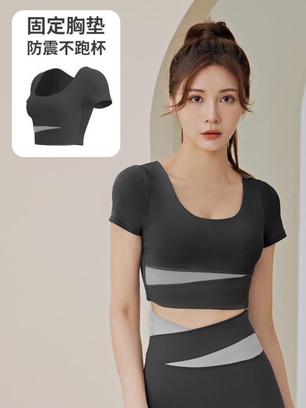 色合わせ半袖ヨガ服セット女性春夏露臍短い上着ヒップパンツランニングトレーニング服|undefined