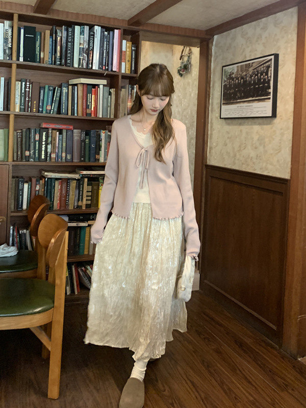 陆小团团甜美慵懒假两件针织衫2025秋季新款韩系设计感内搭上衣女|undefined