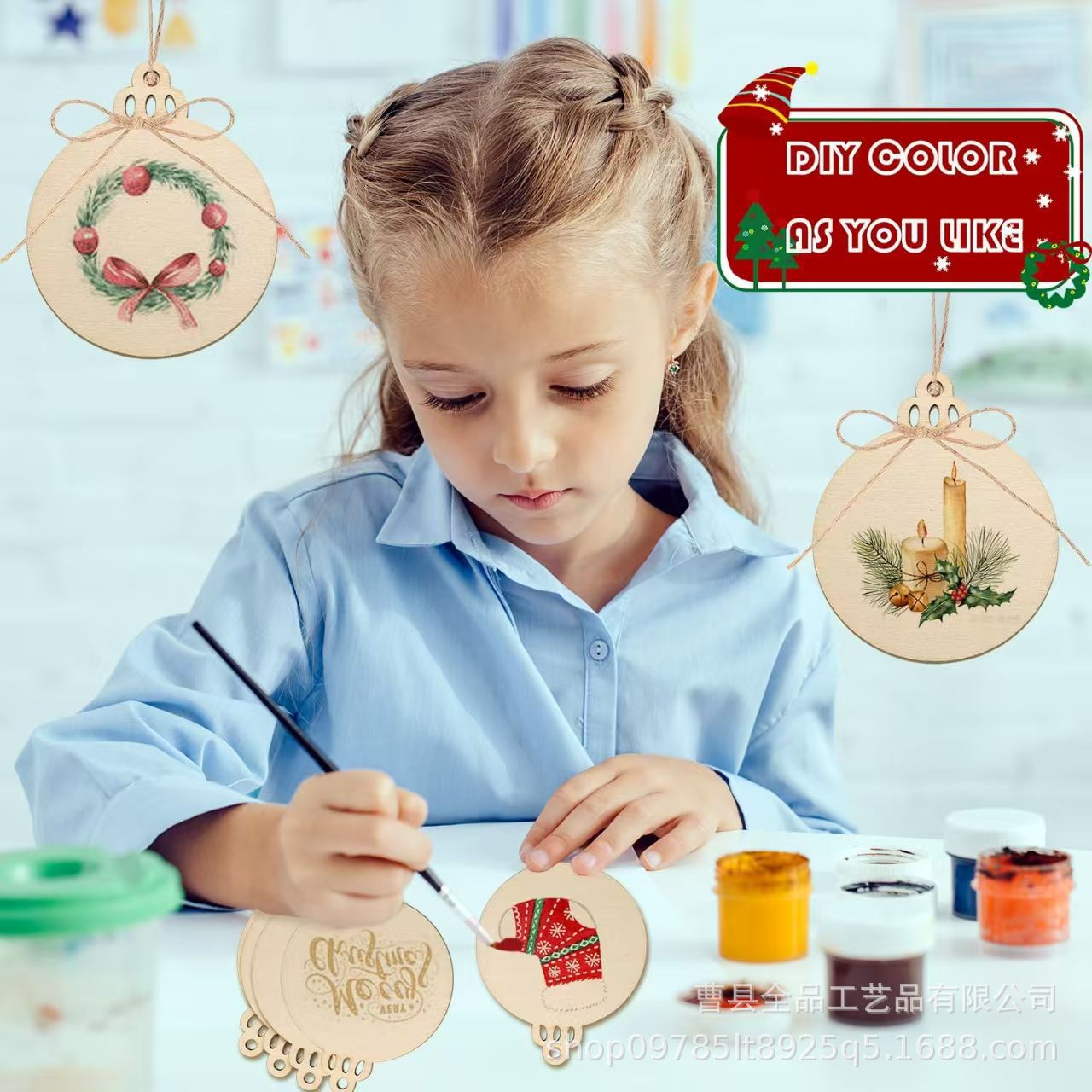 Transfronterizo 100 piezas de decoración de piezas de madera redonda en blanco de Navidad manualidades de bricolaje suministros de árbol de Navidad colgante de madera