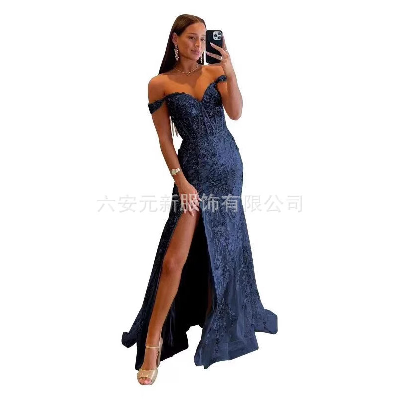 Comercio exterior europeo y americano Amazon hombro abierto vestido de baile largo de diafragma de encaje decal de mujer vestido de noche de cola de pescado
