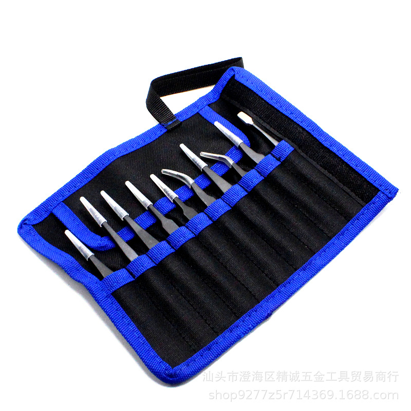镊子十件套帆布袋包装 静电精密不锈钢黑色直弯尖头钳 1.5mm眉夹