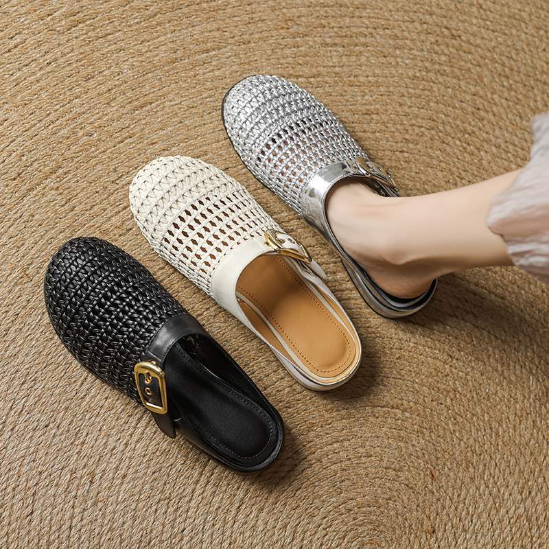 Great to Rap ~ Woven Hollow Baotou Half Slippers Women's 2025 Summer New Low Heel Sandals Slip-on Mueller Shoes