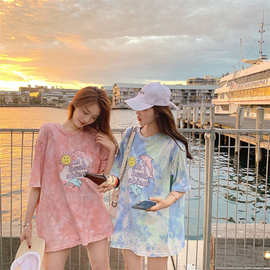 不一样的四人闺蜜装2020夏季短袖T恤女宽松扎染印花姐妹装潮外贸