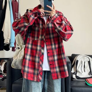 简恒美式复古格子衬衫男高级感长袖衬衣百搭潮流宽衫格纹衬衫外套-阿里巴巴