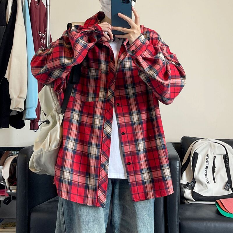 Jianheng American Retro Plaid Shirt Men's High-end Long-sleeved Shirt All-match Fashionable Wide Shirt Plaid Shirt Jacket