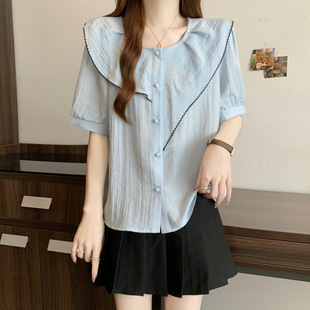 2025 Large Size Asymmetrical Ruffled Short-Sleeved Chiffon Shirt Women's Sweet Age-Reducing Single-Breasted Shirt Top
