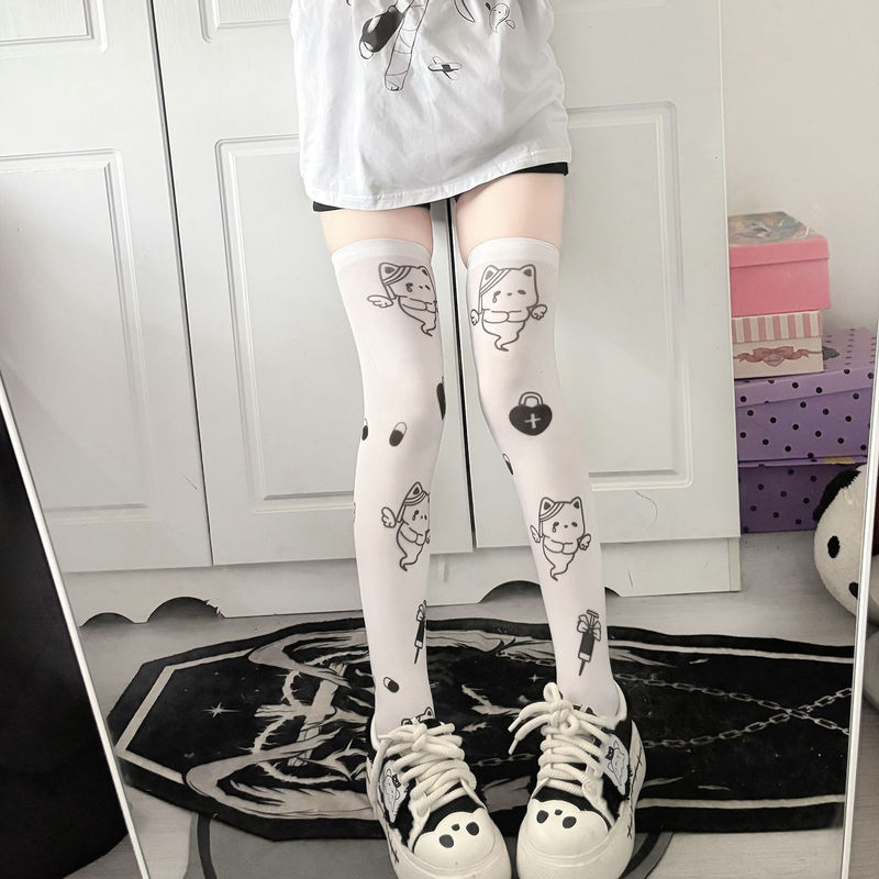 Summer Japanese Subculture Printed Long Socks, Sun Protection Stockings, Sweet Girl Cute Soft Over-The-Knee Socks