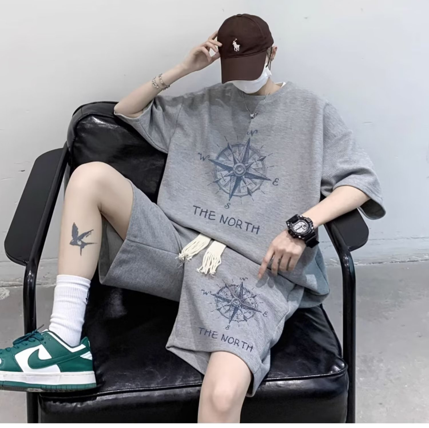 Verano waffle deportes traje casual hombres sueltos más tamaño de manga corta Camiseta pantalones cortos conjunto guapo moda a juego