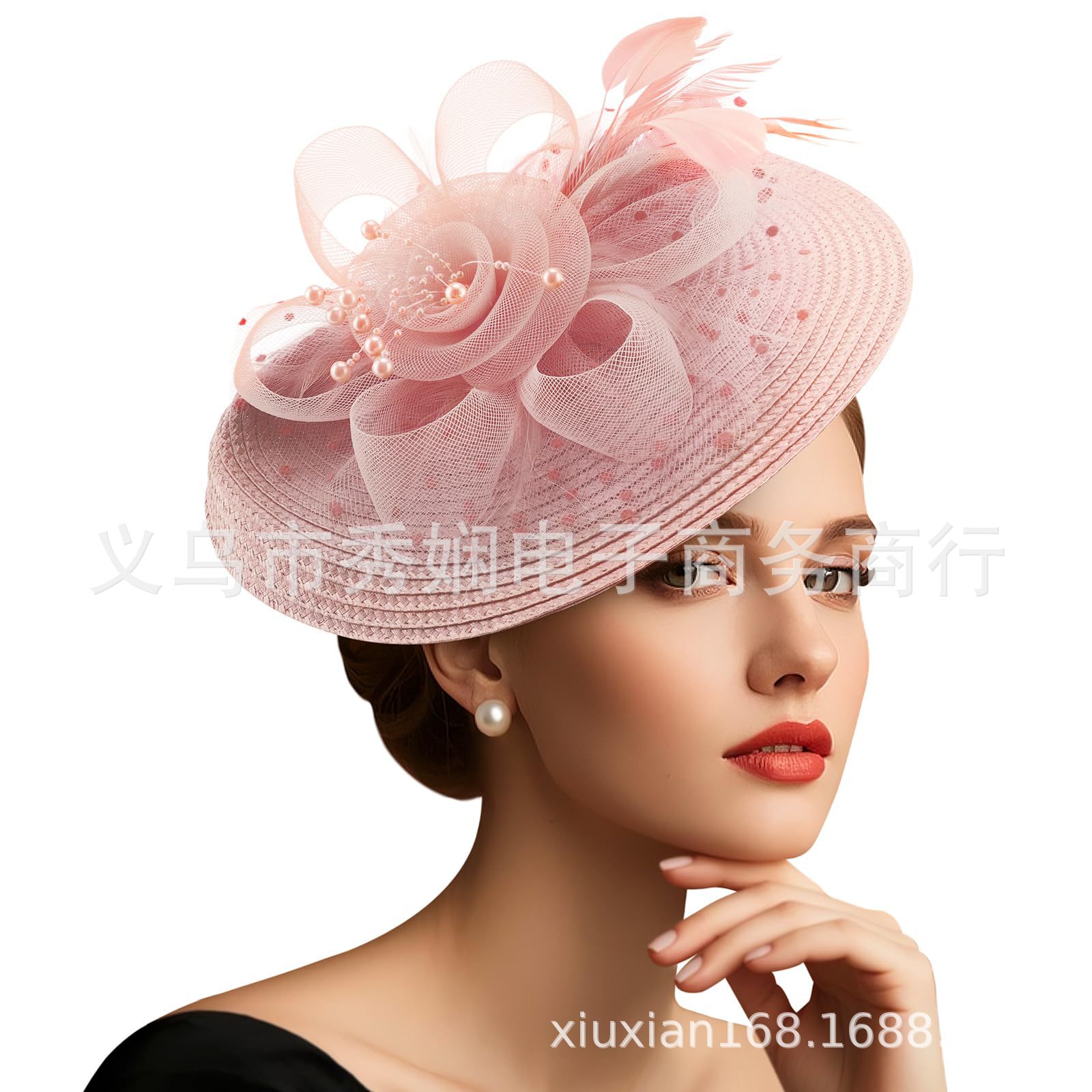 European and American Retro Exaggerated Headdress Bridal Hair Accessories Feather Head Flower Plus Bead Flower Mesh Headband Dress Cheongsam Accessories
