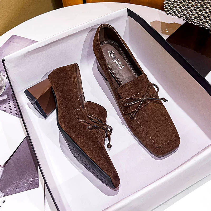 Осенне-зимние женские туфли на высоком каблуке с квадратным носком и бантом, новинка 2025, коричневые туфли в британском стиле в стиле ретро, французские туфли на толстом каблуке