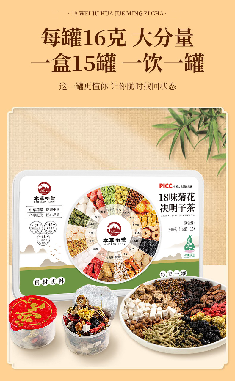 Chrysanthemum Cassia Seed Tea with Red Bean Euryale Barley Ginseng and Donkey Hide Gelatin 240g 15 Cup Gift Box specifications
