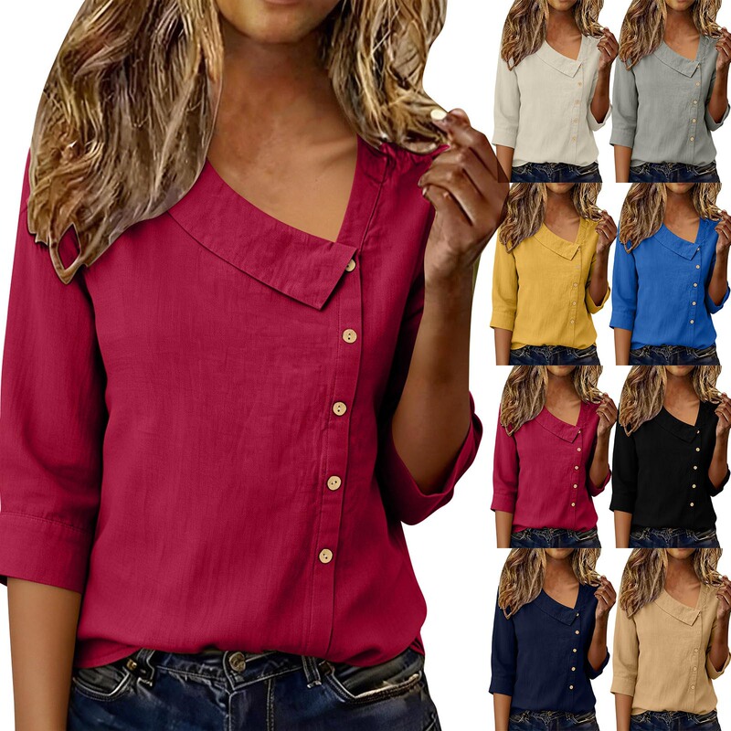 Amazon 2026 European and American New Spring and Summer Women's Cotton and Linen Casual Shirt with Asymmetrical Collar and Three-Quarter Sleeves with Buttons Amazon 2026 European and American New Spring and Summer Women's Cotton and Linen Casual Shirt with Asymmetrical Collar and Three-Quarter Sleeves with Buttons