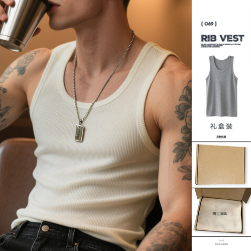 Cotton Vintage White Fitness Backless Tank Top for Men, Running Track and Field Heavyweight Ribbed Sweatshirt, Base Layer Workwear Shirt