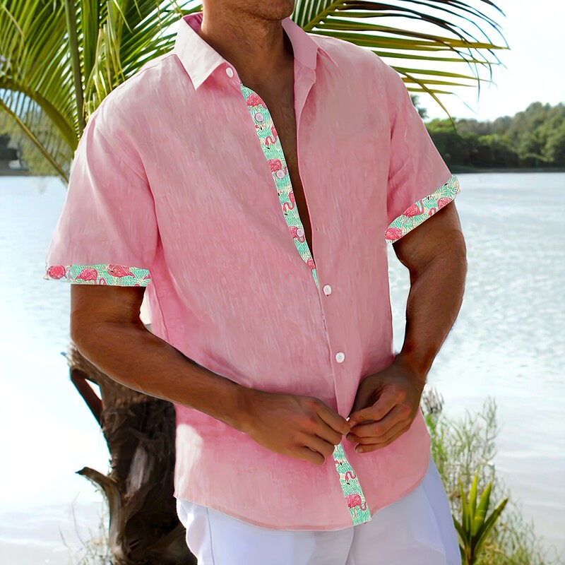 Cross-Border Foreign Trade Men's Casual Vacation Pink Shirt with Flamingo Patchwork, Large Size, Amazon Dropshipping in Stock Cross-Border Foreign Trade Men's Casual Vacation Pink Shirt with Flamingo Patchwork, Large Size, Amazon Dropshipping in Stock