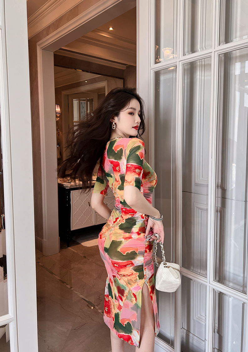 Váy dài ôm hông cổ vuông in họa tiết hoa phong cách Pháp — Màu hoa chi tiết 20