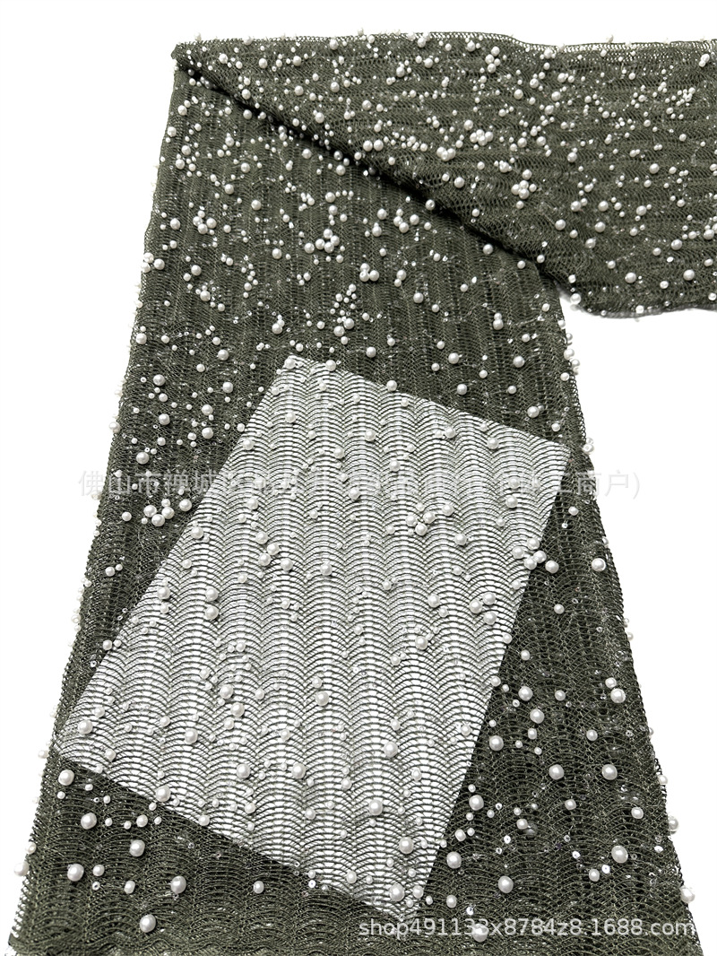Inventario de tela de malla de cuentas de clavos pesados tamaño de perla ondulado bordado vestido de boda vestido de noche cheongsam tela