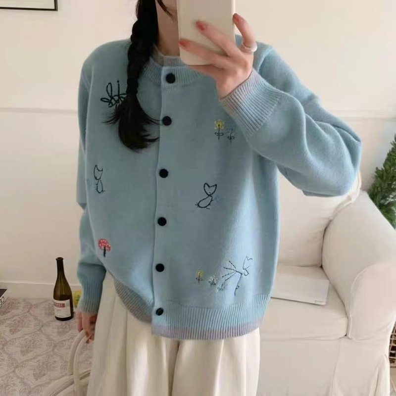 秋冬新款刺绣假两件女士毛衣圆领甜美针织衫糖果色百搭多巴胺上衣|undefined