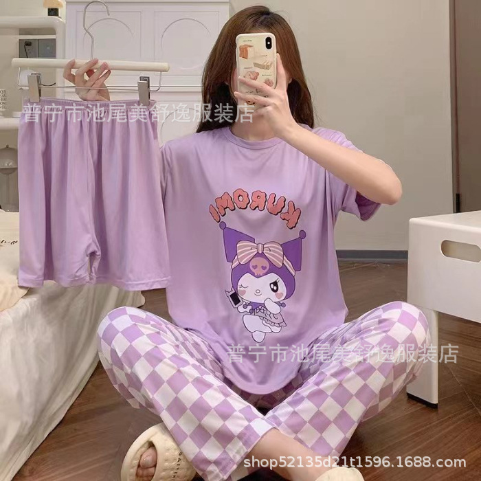 Pajamasクロスボーダー外国貿易工場卸売パジャマ女性半袖ショートパンツ長ズボン三点セット漫画ホームスーツ|undefined