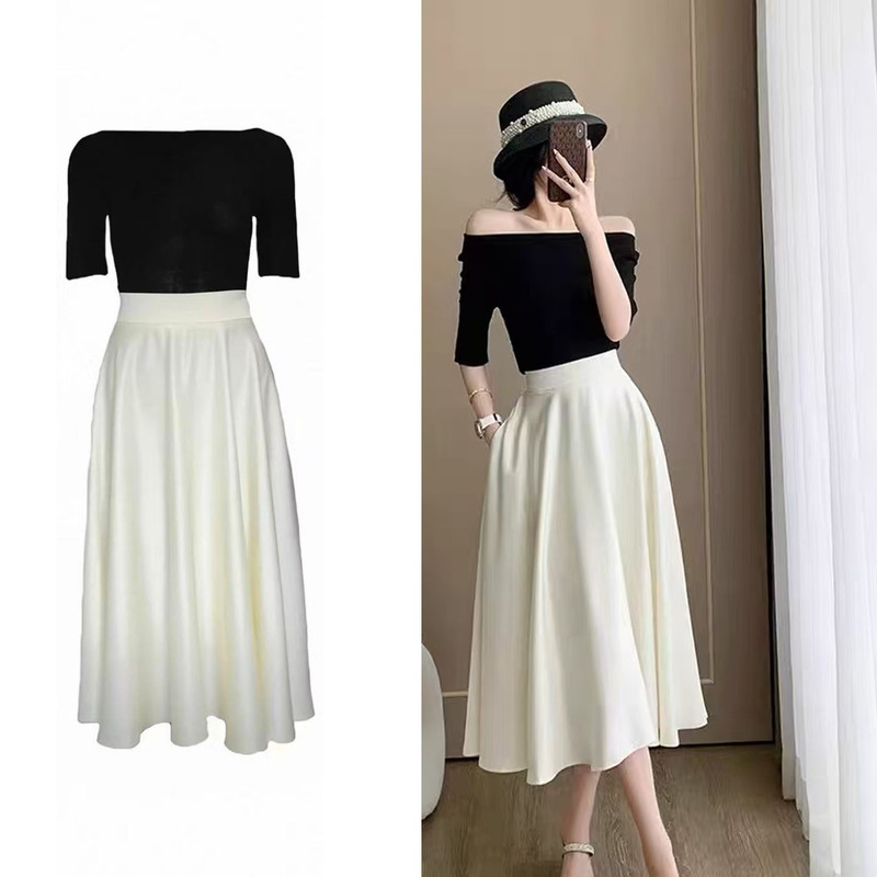 French Elegant Umbrella Skirt for Women, New Summer Style, High-Waisted, Slimming, Off-White, Mid-Length A-Line Skirt 9336