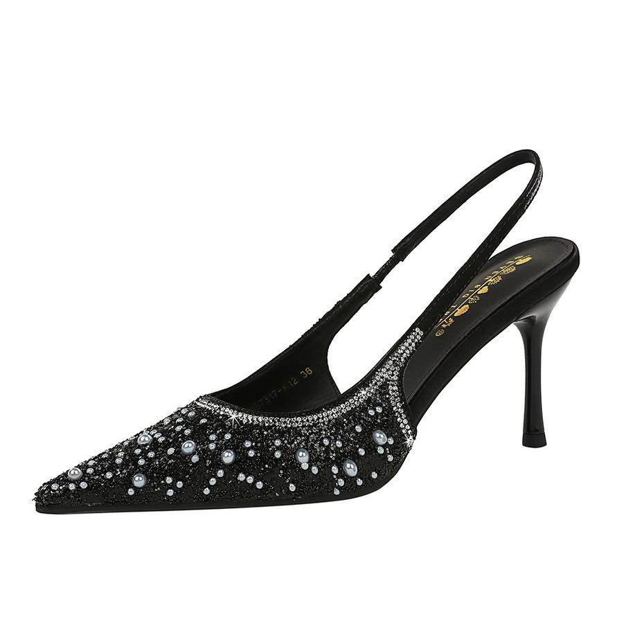 7317-A12 European And American Style High Heels For Women, Shallow Mouth Fashion Sequin Pearl Back Strap Thin Heel_vogvips.com