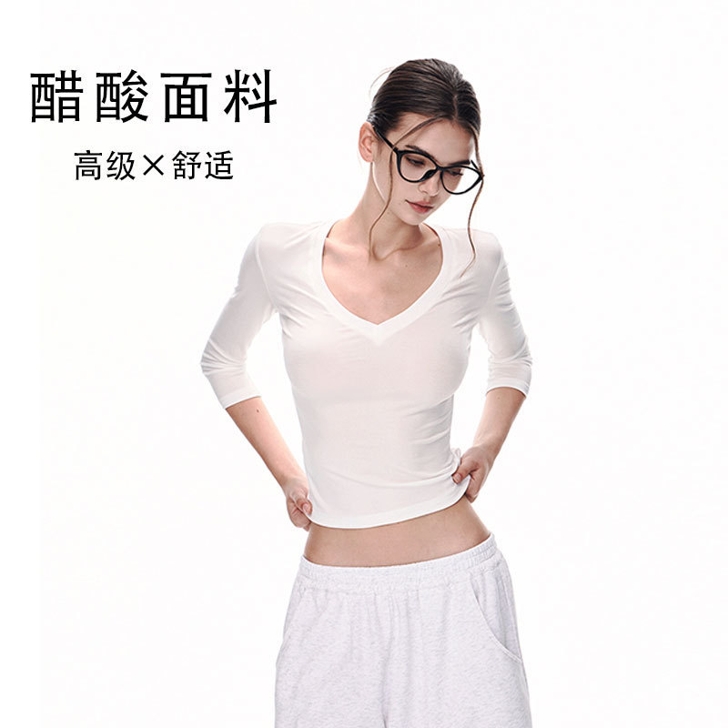 White Short-Sleeve T-Shirt for Women, Spring Design, Slim Fit, Tencel Acetate Base Shirt, V-Neck, Mid-Sleeve Tee, Trendy Style White Short-Sleeve T-Shirt for Women, Spring Design, Slim Fit, Tencel Acetate Base Shirt, V-Neck, Mid-Sleeve Tee, Trendy Style