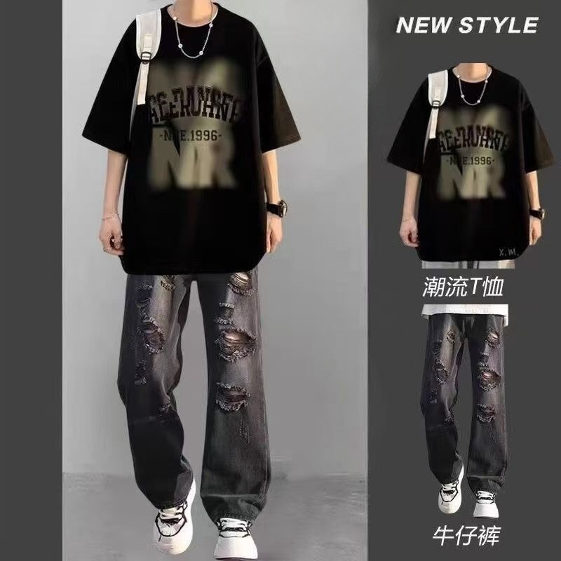 New T-Shirt and Jeans Set Trendy Men's Casual Student Outfit High Street Jeans Stylish Two-Piece Set