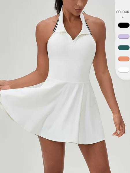 European and American Outdoor Sports Tennis Skirt Women's Hanging Neck Fitness One-piece Skirt Colored Lapel Golf Skirt 52174