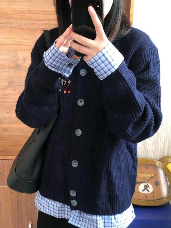设计感格子拼接慵懒风复古别针假两件针织衫外套女秋冬毛衣开衫潮|undefined