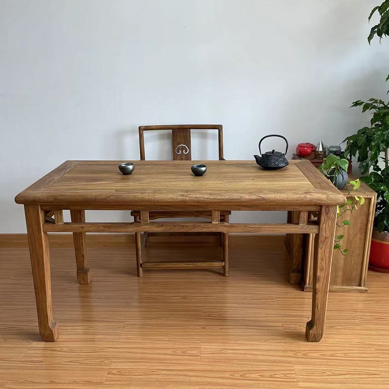 老榆木中式茶桌椅复古实木餐桌长条凳民宿风化禅意书桌
