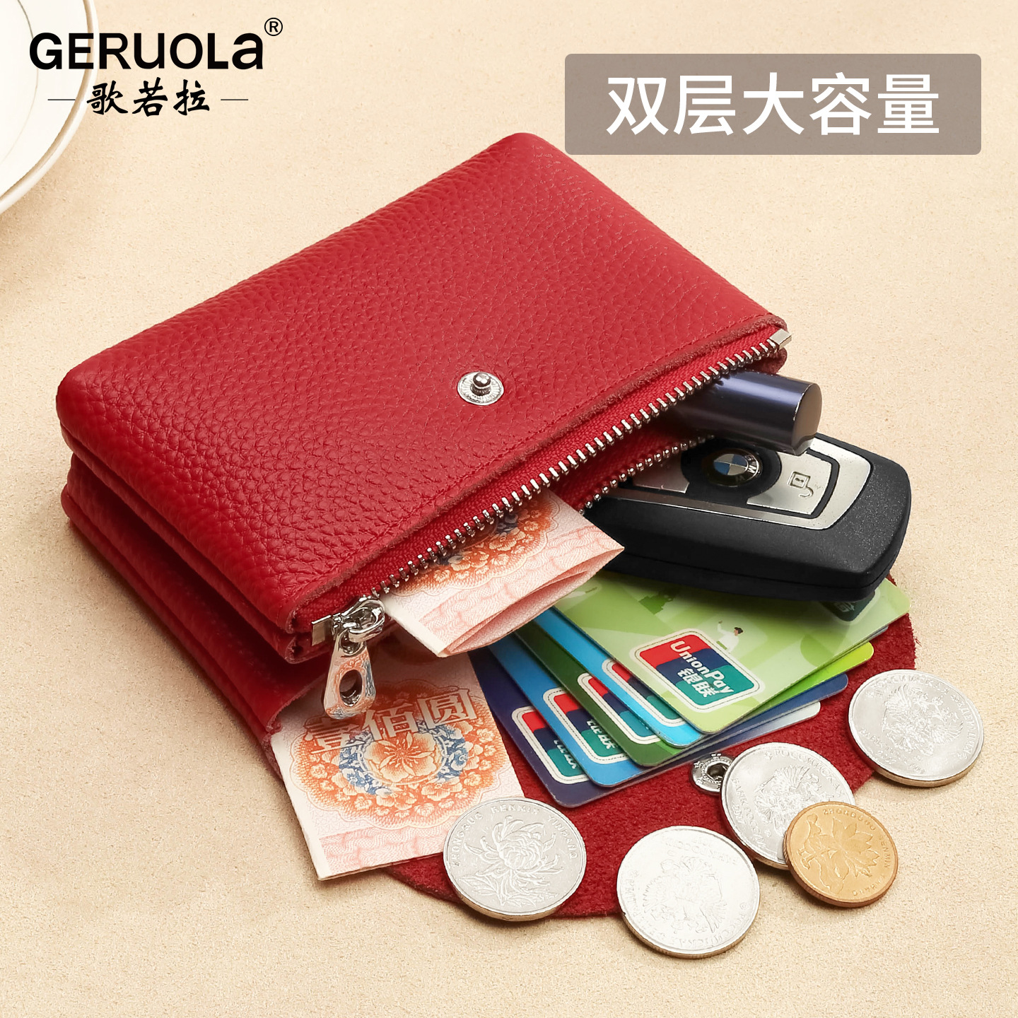 Fábrica de cuero de Geruola, cartera de cuero de vaca, bolso de cambio portátil de mujer, bolso de tarjeta de identificación, cuero japonés y coreano.