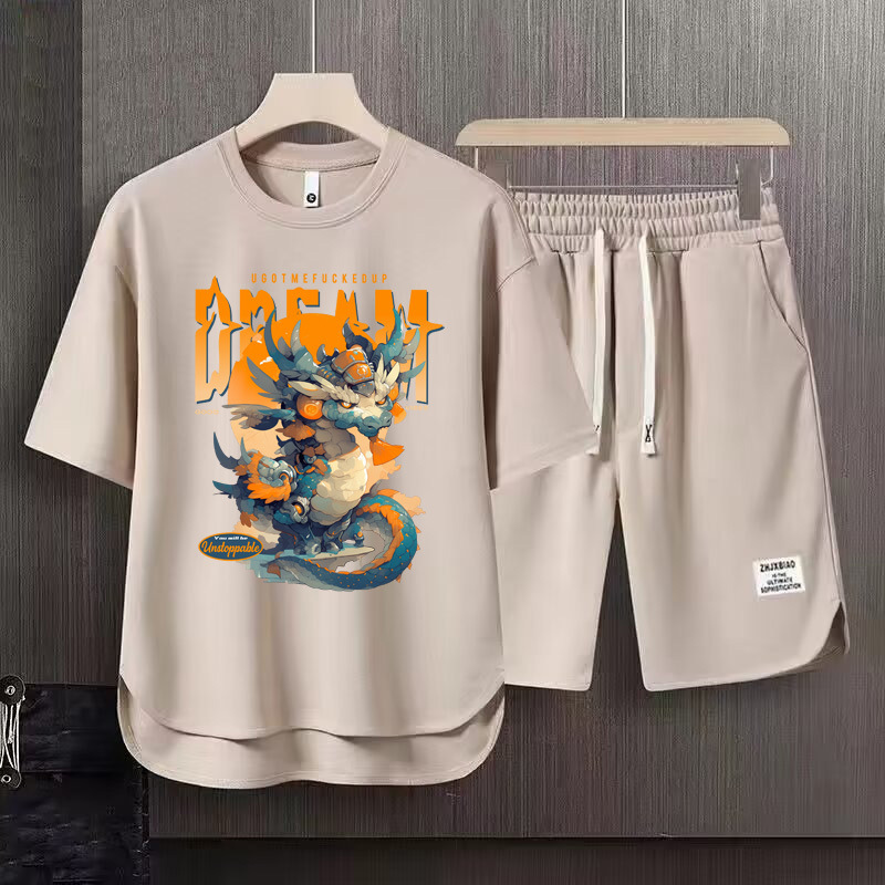 Men's Clothing 2024 Waffle Casual Summer Suit Men's Loose Teen Short sleeved T shirt Shorts Handsome Two piece Suit_desvips.com