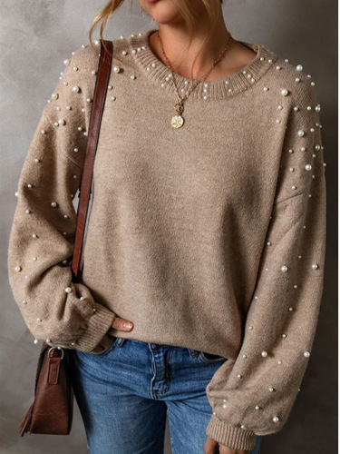 Yangyang Autumn/Winter New Arrival European and American-Style Plus-Size Loose Long-Sleeved Beaded Crewneck Pullover Sweater for Women—Factory Direct