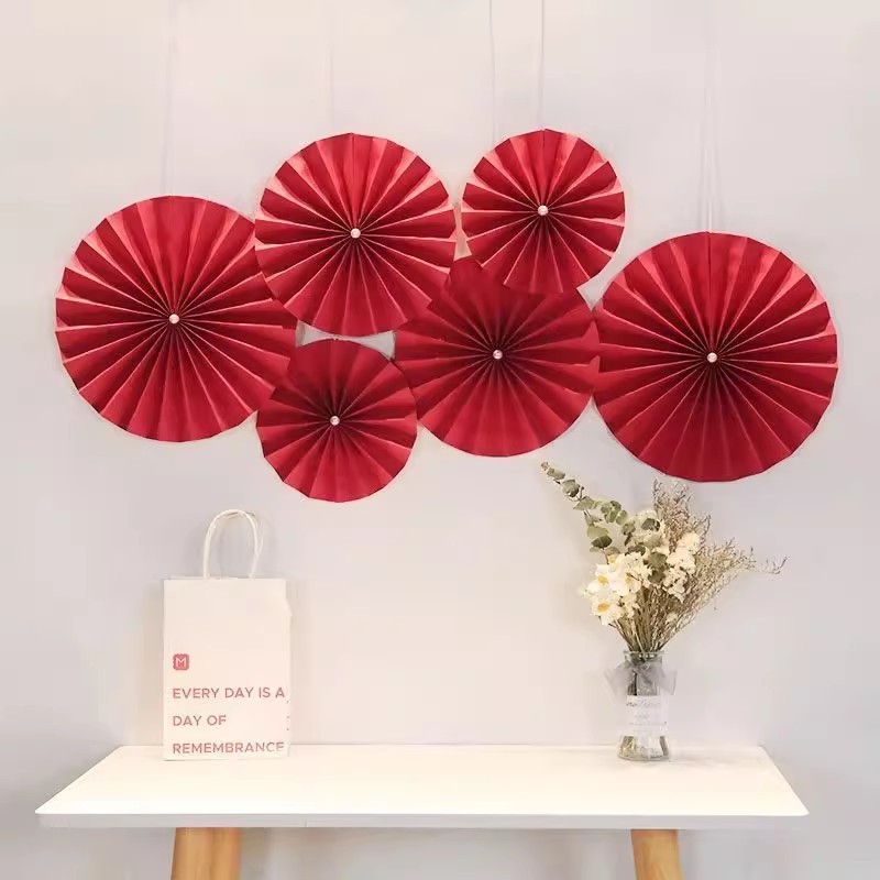 婚房装饰纸扇花套装结婚喜字折扇婚礼圆扇新房场景布置珍珠纸扇花
