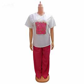 26春季新款撞色套装两件套烫金烫图休闲百搭大码女装外贸批发爆款