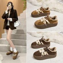 厚底牛皮复古德训鞋女2025新款冬季加绒系带休闲鞋百搭运动板鞋子