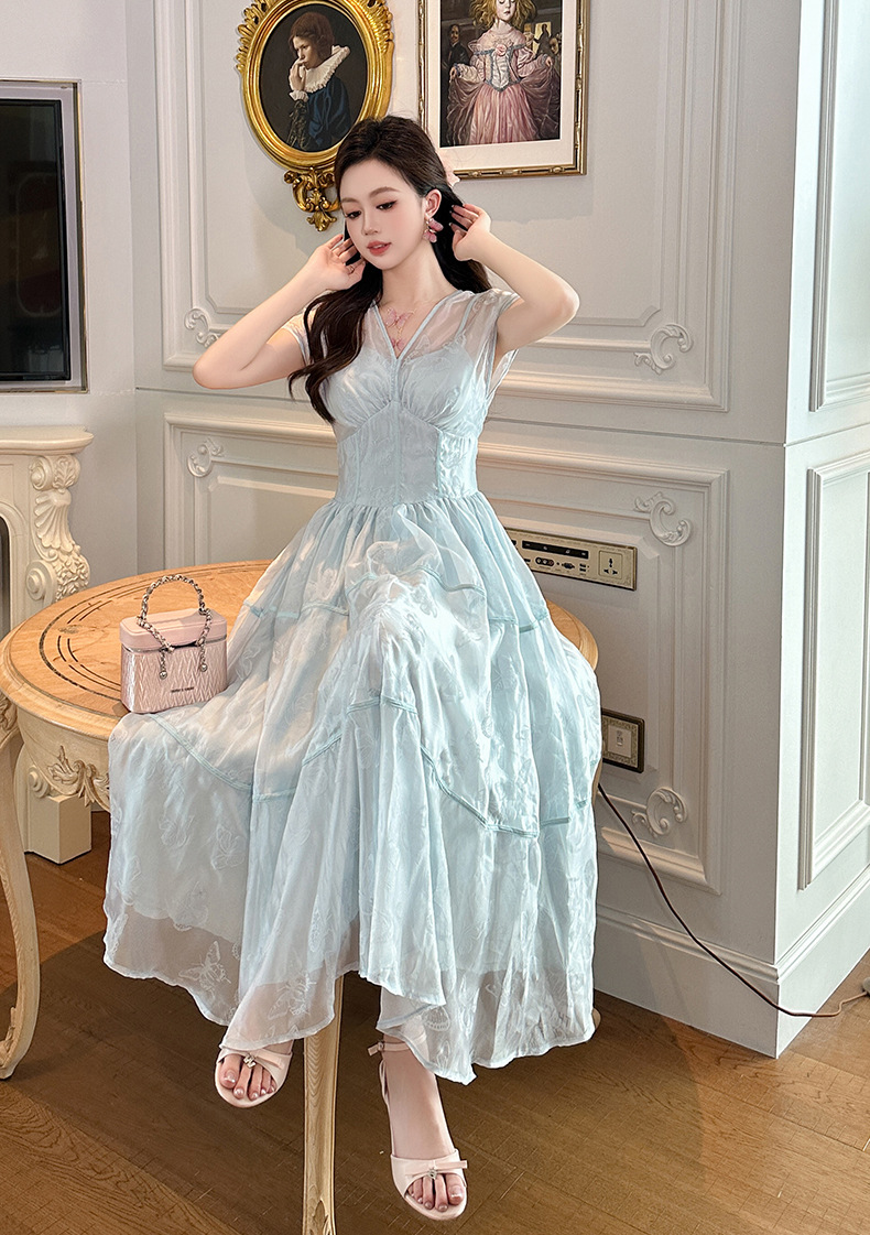 Váy maxi nữ in họa tiết cổ chữ V thắt eo phong cách hoàng gia — Màu xanh cỏ chi tiết 19