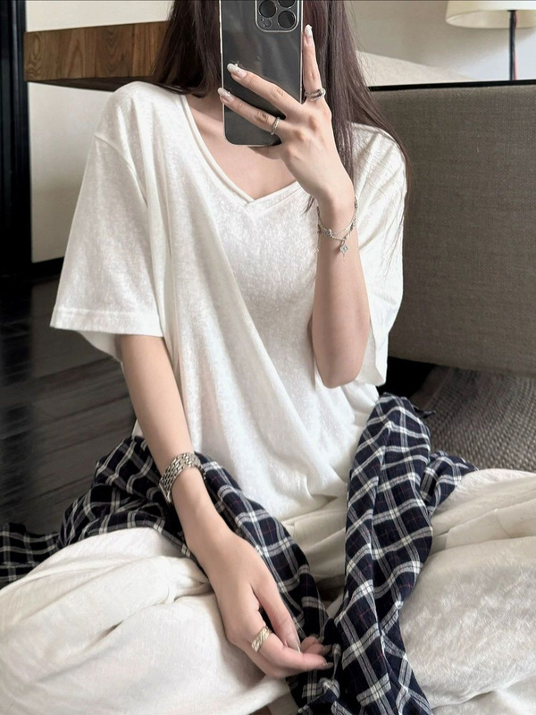スーパーニニーミント&リラックススノーフレークテクスチャカールVネック半袖ルーズレイジーTシャツトップ女性用|undefined