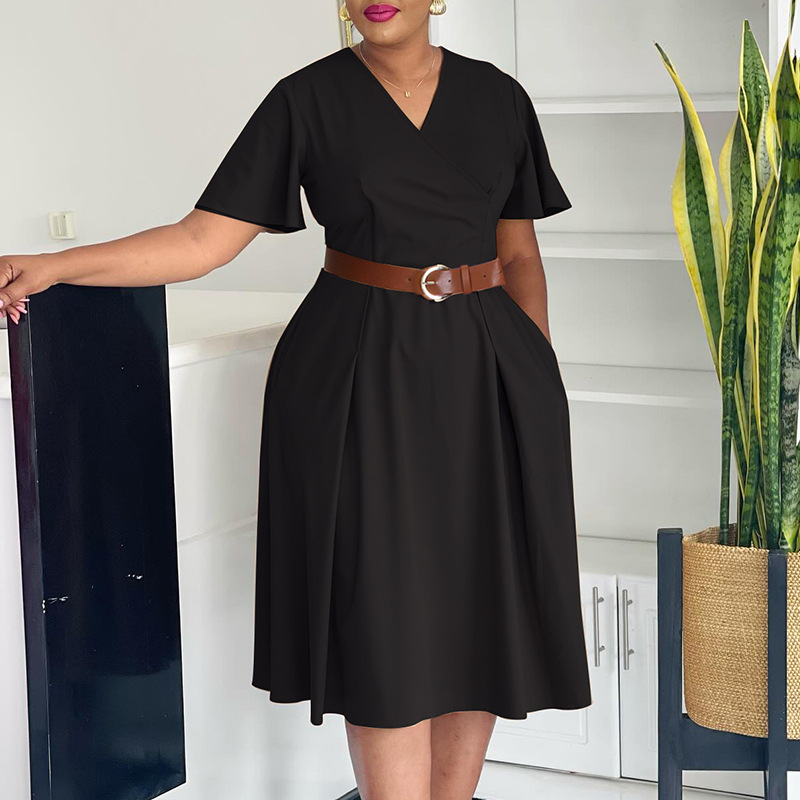Plus Size Women's Clothing V Neck Dress Elegant Solid Color Flared Sleeve Casual Fashion American Style_ecoleips.com