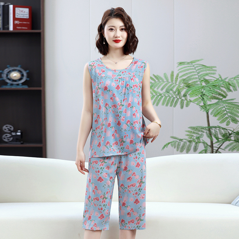 女性用コットンシルクパジャマ、夏用薄手コットンシルクホーム服、ノースリーブミドルパンツ、中高年者も屋外で着用可能、人工綿カバー|undefined