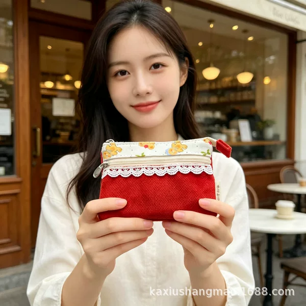 Bear print fabric 4-layer women's card holder, Korean style coin purse, fresh pastoral style ID holder for girls, export quality