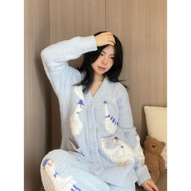 【现货】卡通唐老鸭针织半边绒睡衣女秋冬季加厚保暖家居服套装冬|undefined