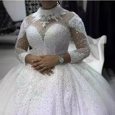 European and American Foreign Trade High-Neck Beaded Luxurious Long-Sleeve Princess-Style Custom Wedding Gown with a Train