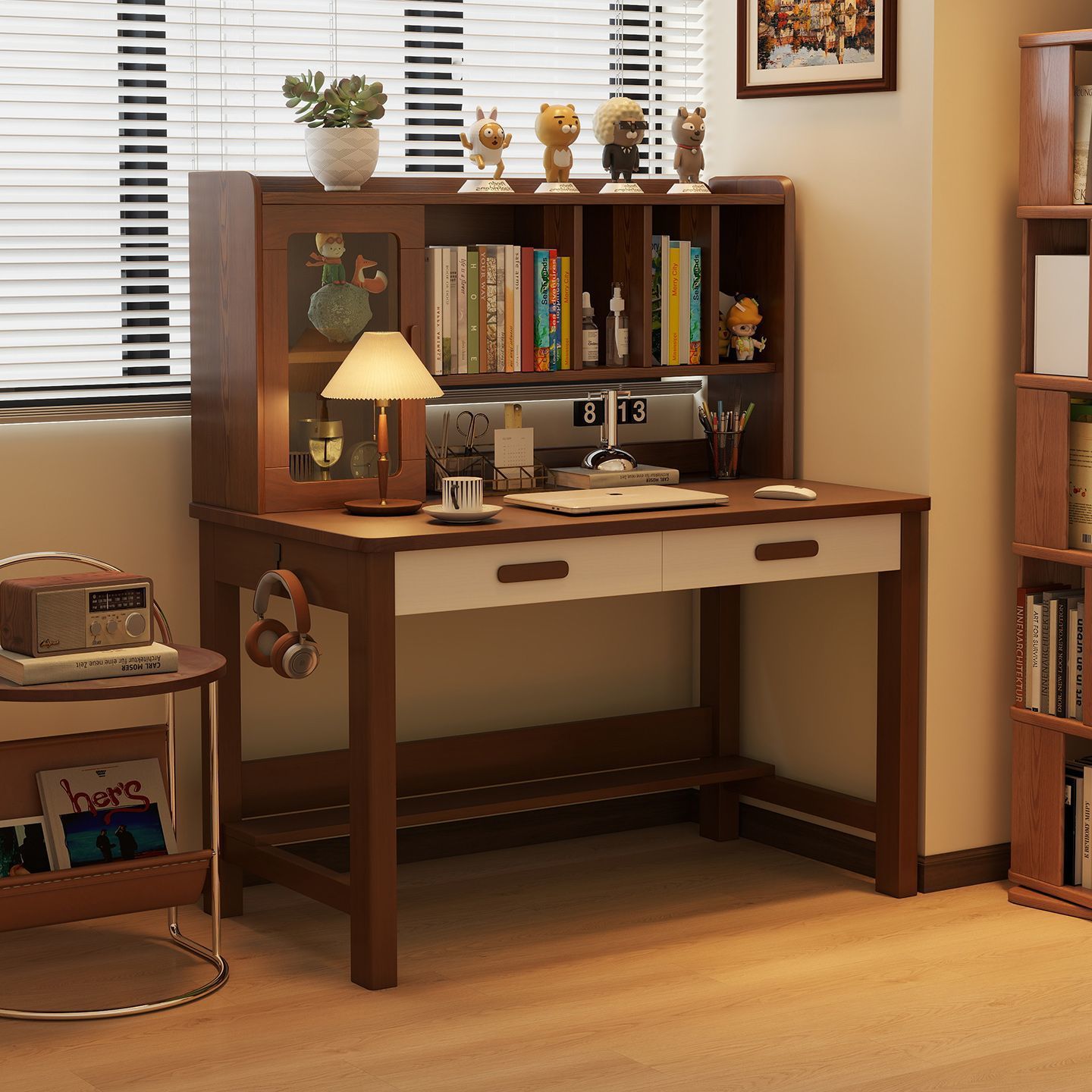 Solid Wood Desk Bookshelf Integrated Study Table Primary and Secondary School Students Writing Desk Bedroom Home Simple Computer Desk Home