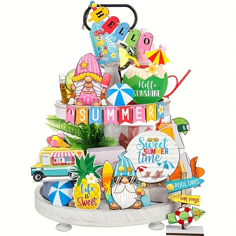 21 Piece Summer Themed Decor Set Including Multi Layer Plates Sign Perfect for Poolside Farmhouse Style