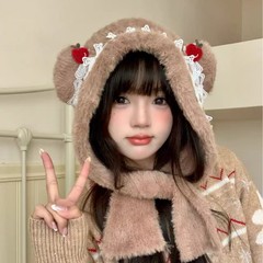 冬季加厚毛茸茸熊耳朵套头帽子女2025新款苹果蕾丝边护颈包头帽潮